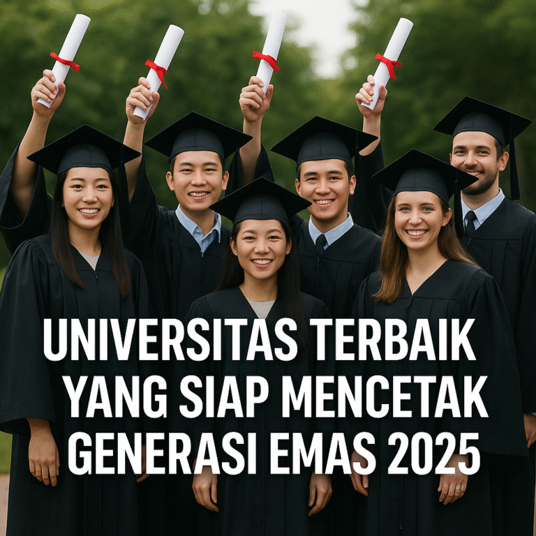 Mahasiswa Indonesia belajar di kampus modern dengan latar bangunan universitas dan pepohonan hijau, simbol universitas terbaik 2025
