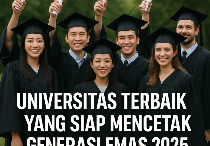 Mahasiswa Indonesia belajar di kampus modern dengan latar bangunan universitas dan pepohonan hijau, simbol universitas terbaik 2025
