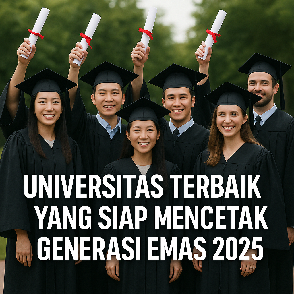 Mahasiswa Indonesia belajar di kampus modern dengan latar bangunan universitas dan pepohonan hijau, simbol universitas terbaik 2025