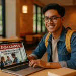 aMahasiswa baru membaca berita kampus di laptop di ruang kampus modern.