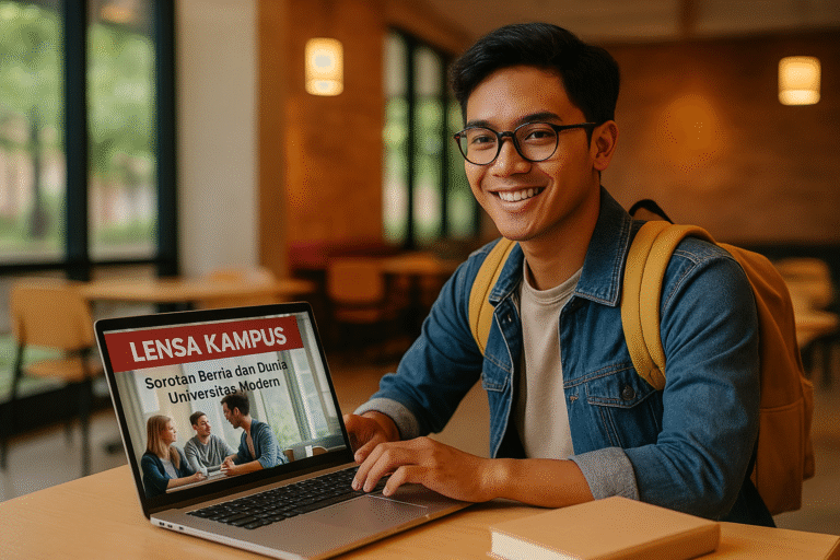 aMahasiswa baru membaca berita kampus di laptop di ruang kampus modern.