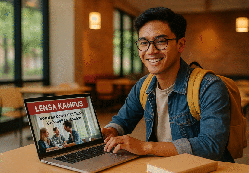 aMahasiswa baru membaca berita kampus di laptop di ruang kampus modern.