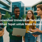 Mahasiswa dari berbagai universitas di Indonesia sedang berdiskusi di kampus modern, simbol pendidikan unggulan 2025