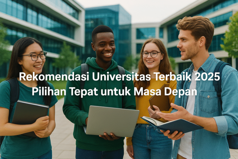 Mahasiswa dari berbagai universitas di Indonesia sedang berdiskusi di kampus modern, simbol pendidikan unggulan 2025