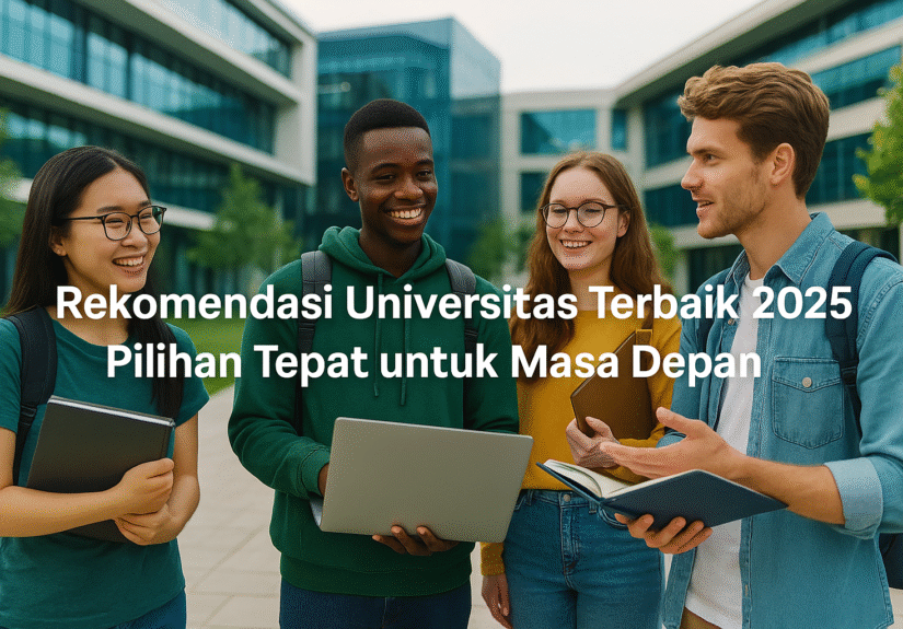 Mahasiswa dari berbagai universitas di Indonesia sedang berdiskusi di kampus modern, simbol pendidikan unggulan 2025